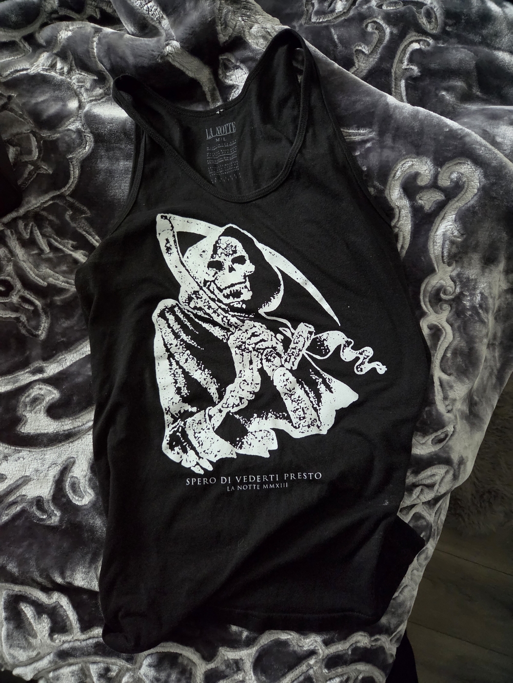 La Notte Black Graphic Tank Top with Grim Reaper Print